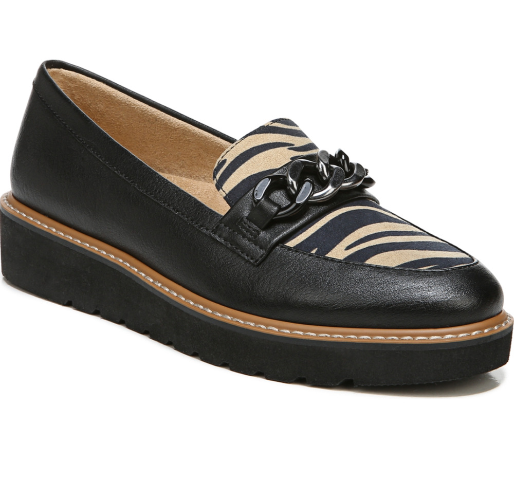 Naturalizer Womens Emmal Wedge Loafers Size 7.5 WIDE EU 38.5 Black Zebra NIB